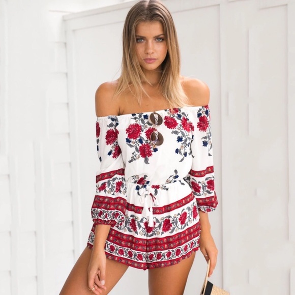 💥 CLEARANCE 💥 Off Shoulder 3/4 Sleeve Tassel Front Floral Romper - Picture 2 of 4